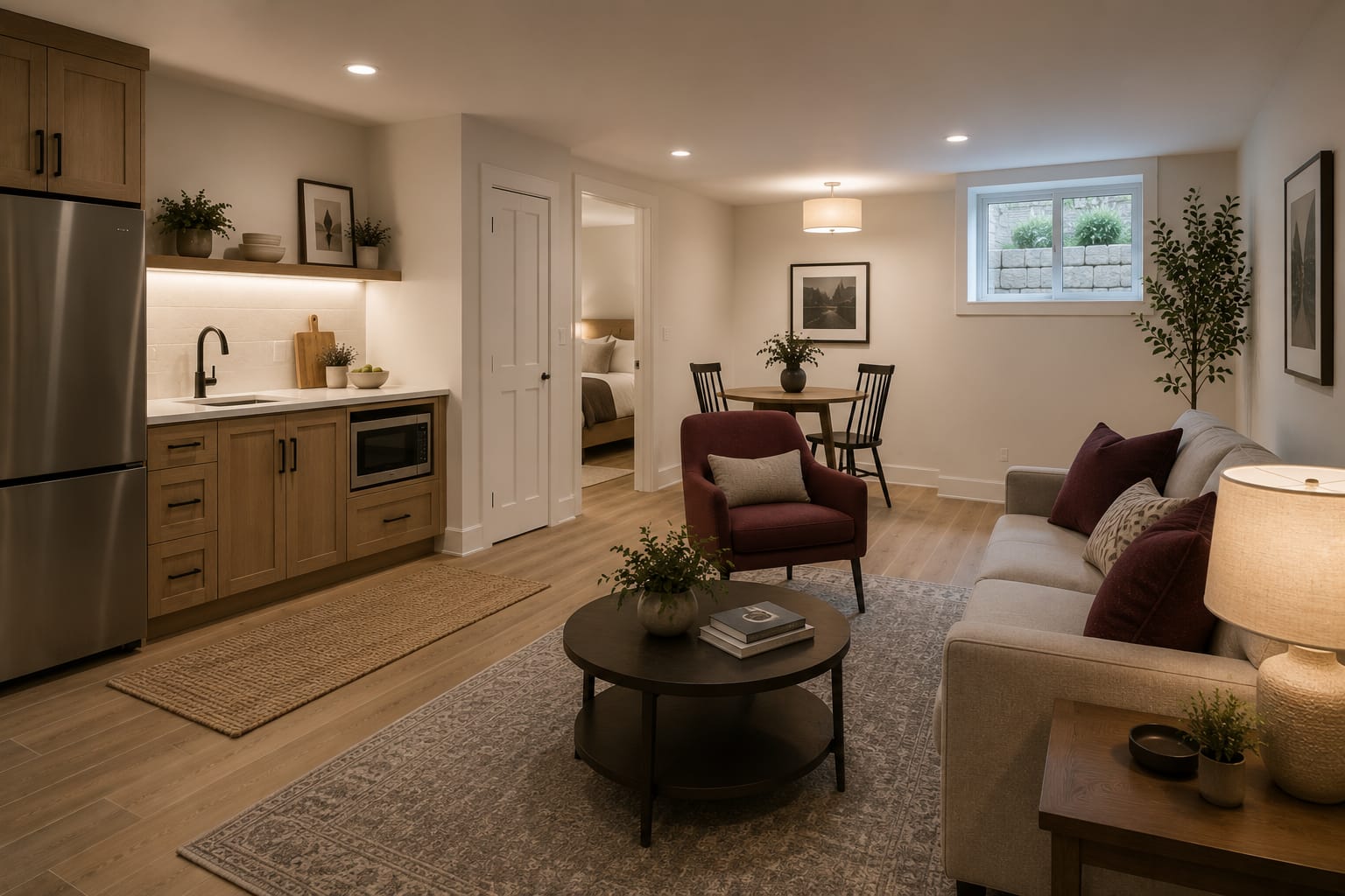 Finished basement in-law suite with a kitchenette and seating area