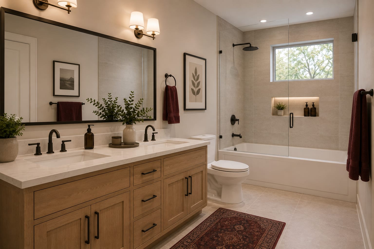 Renovated family bathroom with large-format tile and a glass shower