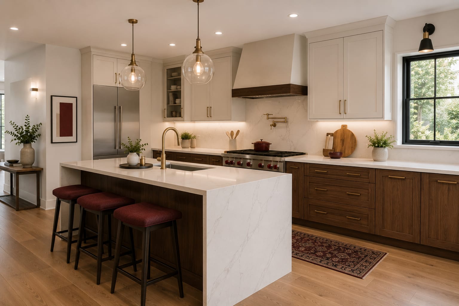 Two-tone kitchen with a waterfall island and pendant lighting