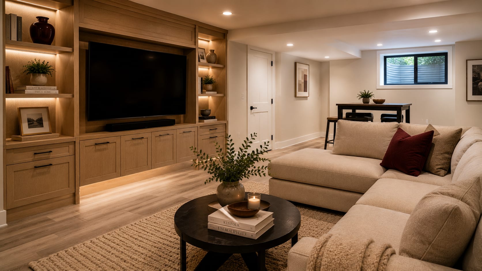Finished basement living space with warm lighting and comfortable seating