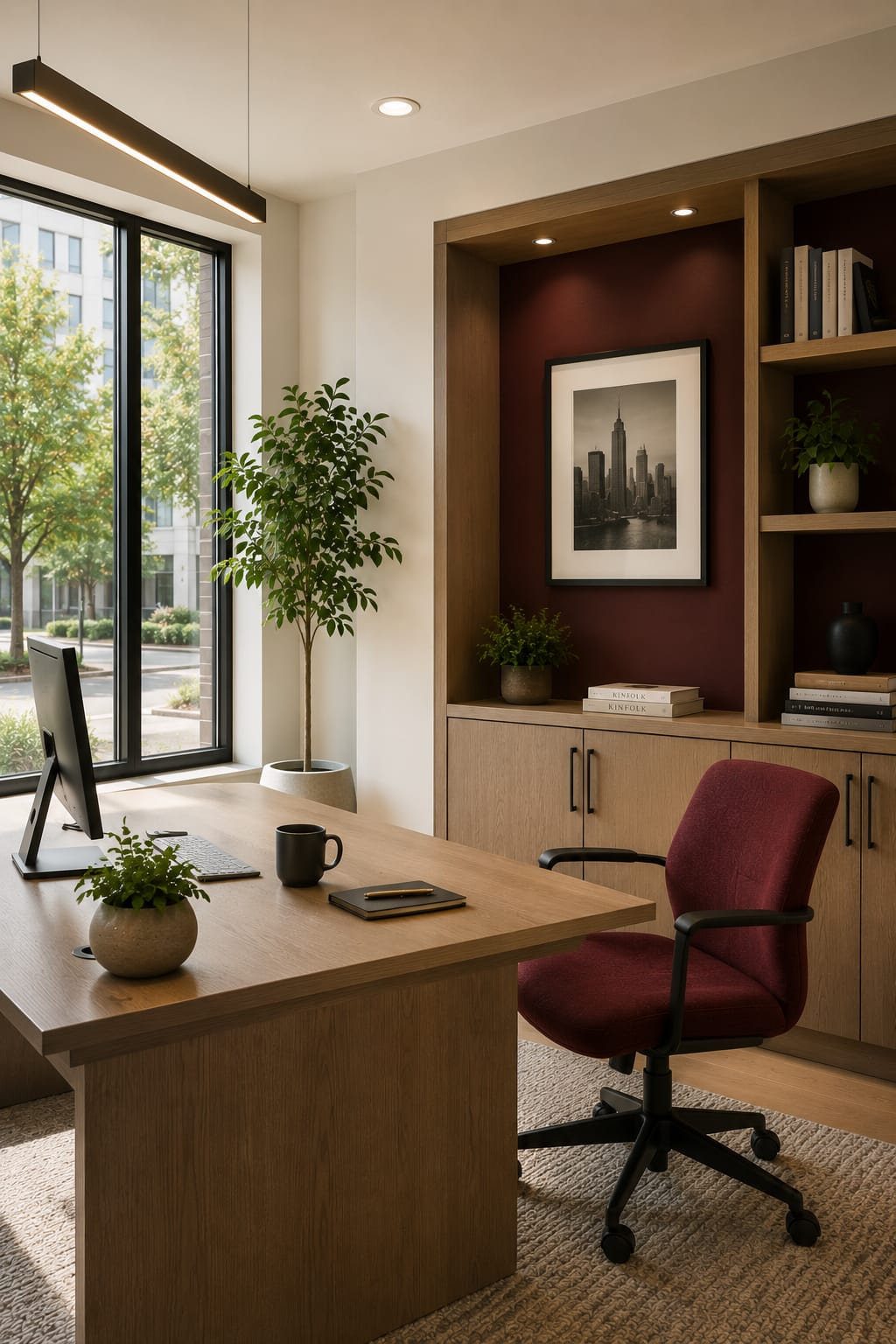 Bright modern office interior with desks and natural light